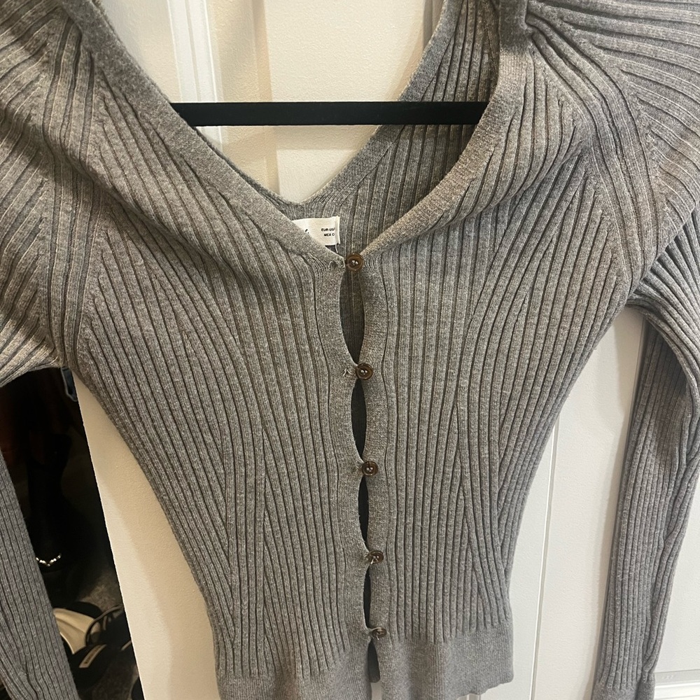 Mango Gray Ribbed Knit Cardigan